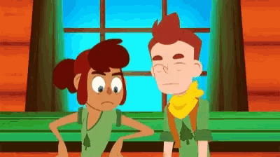 a cartoon of a boy and a girl standing next to each other in front of a window .