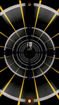 a black background with yellow and purple circles and a red circle in the middle