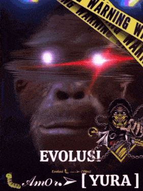 a picture of a gorilla with glowing eyes and a yellow tape that says warning
