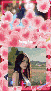 a woman is surrounded by pink flowers and the name kenghie is above her