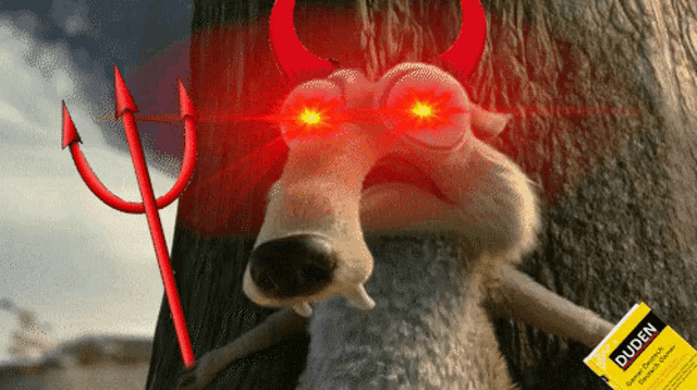 a cartoon character with devil horns and a trident is holding a pack of duden cigarettes