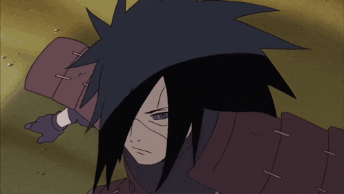 a close up of a cartoon character with purple eyes and a mask on his face