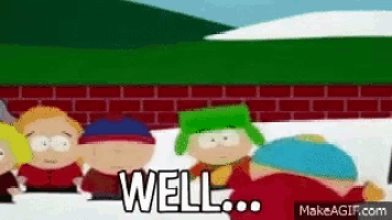 a group of south park characters are standing in front of a brick wall and talking to each other .