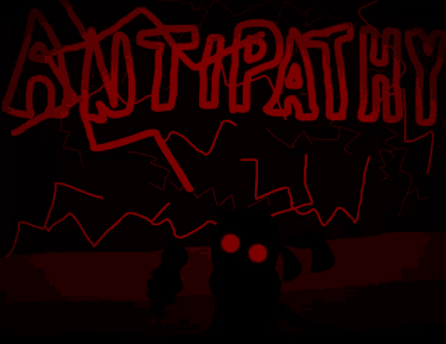 a drawing of a monster with red eyes and the word antipath written in red