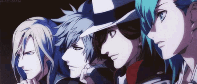 a group of anime characters standing next to each other with one wearing a hat