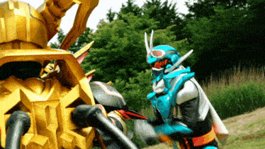 a cartoon character is fighting another cartoon character in a field .