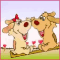 two cartoon dogs are sitting next to each other on a log and kissing .