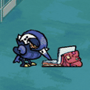 a blue cartoon character is standing next to a pink cartoon character .