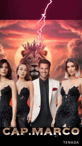 a man in a white suit is surrounded by three women in black dresses