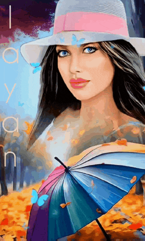 a woman in a hat is holding a colorful umbrella in a painting