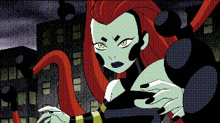 a cartoon drawing of a woman with red hair and green skin