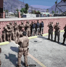 a group of soldiers are standing in a parking lot