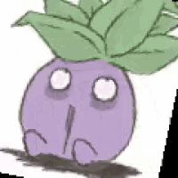 a purple cartoon character with a green leaf on top of it .