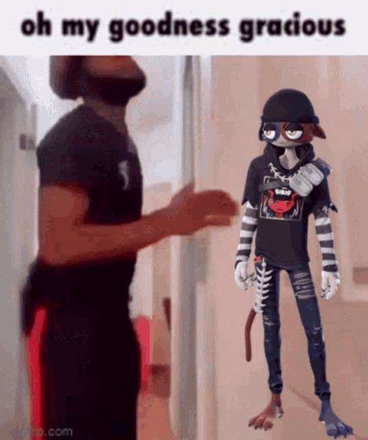 a meme of a man standing next to a cat with the words oh my goodness gracious