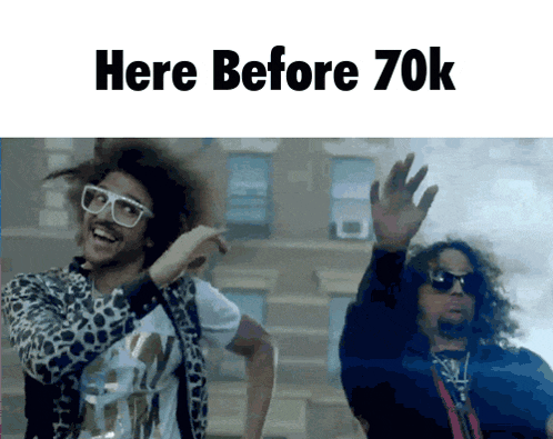 a picture of two men dancing with the words here before 70k below them