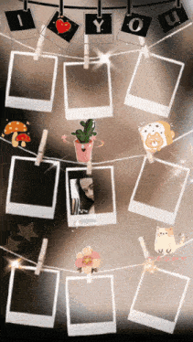 a bunch of polaroid frames hanging on a string with the words i love you written on them