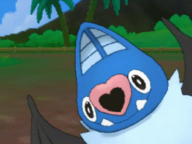 a blue and white cartoon character with a heart shaped nose and eyes
