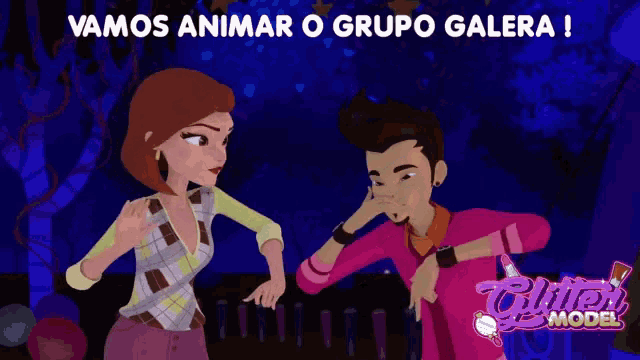 an advertisement for glitter model shows a man and a woman