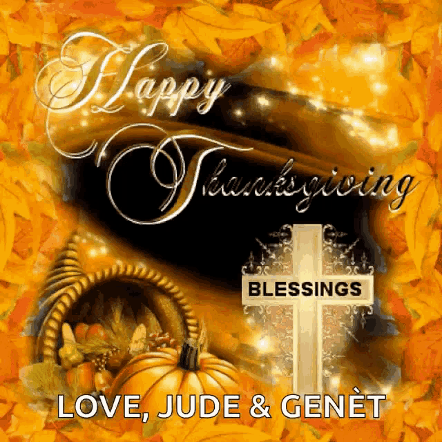 a picture of a cornucopia and a cross with the words happy thanksgiving blessings