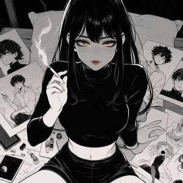 a girl with red eyes is smoking a cigarette while sitting on a bed