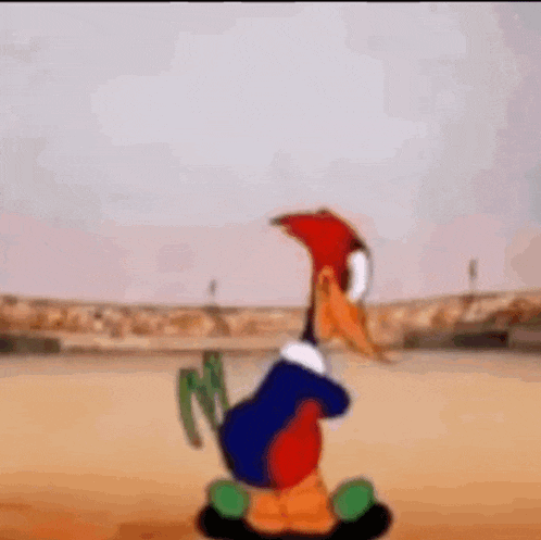 woody woodpecker is a cartoon character that is standing on a sandy field .