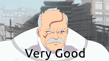 a cartoon character with a mustache and the words very good on the bottom