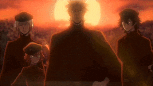 a group of anime characters are standing in front of a sunset in a field .