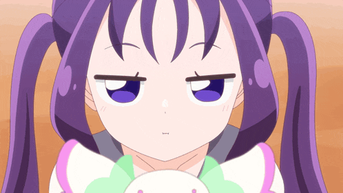 a cartoon girl with purple hair and pigtails making a funny face