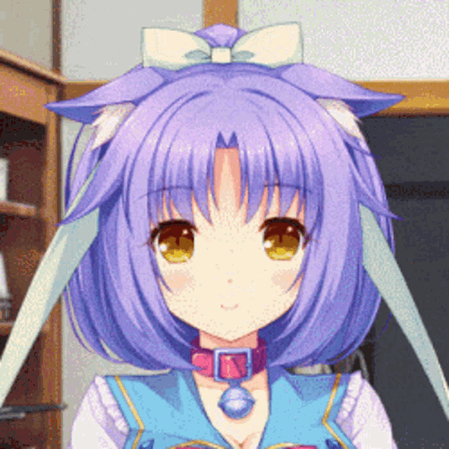 a close up of a purple haired anime girl with a bow on her head