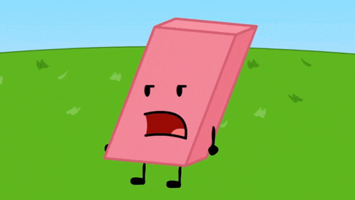 a pink block with arms and legs is standing in a field