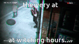 a video of a man standing in front of a building with the words " the ivery at at witching hours live "