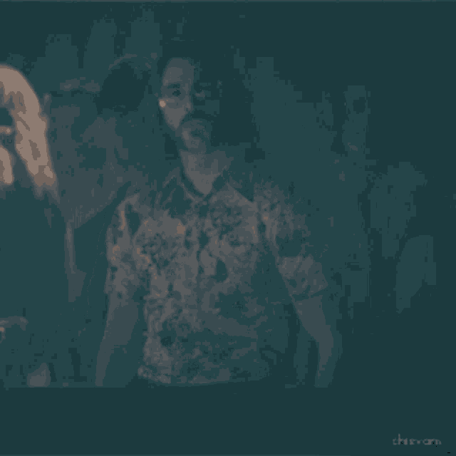 a man in a floral shirt is standing in a dark room with a watermark that says chevani