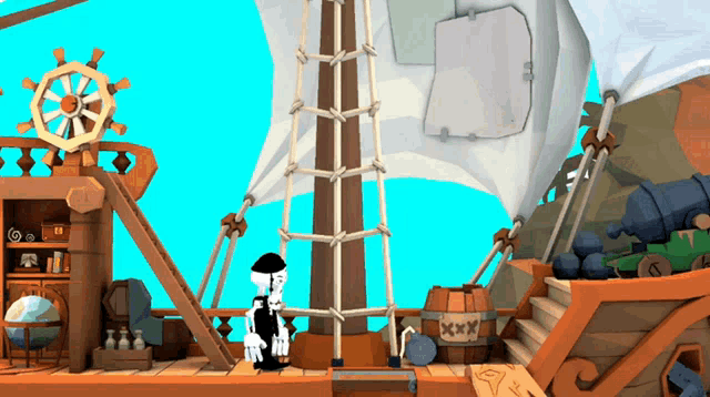 a cartoon drawing of a pirate ship with a barrel that says xxx
