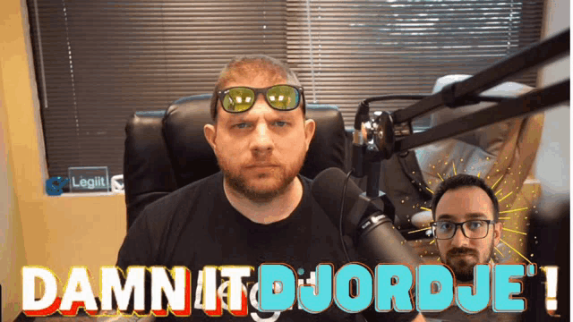 a man wearing sunglasses stands in front of a microphone with the words " damn it jordje " on the bottom