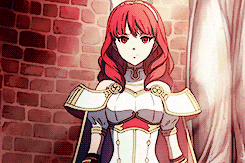 a cartoon girl with red hair and red eyes is standing in front of a brick wall .