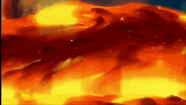 a painting of a fire with a blue sky behind it