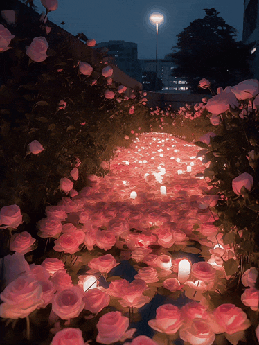 a path surrounded by pink flowers and candles