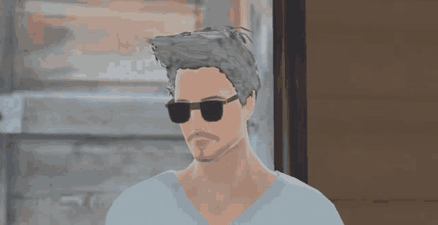 a man wearing sunglasses and a white shirt stands in front of a wooden wall