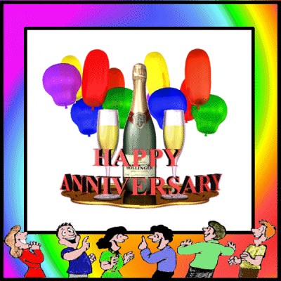 a happy anniversary greeting card with a bottle of bollinger champagne and balloons