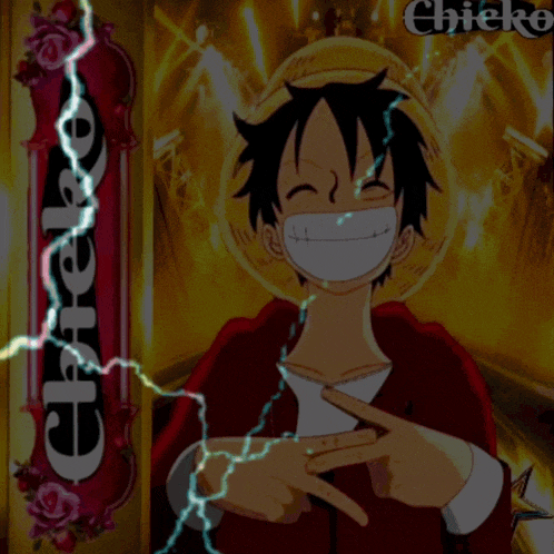 a poster of luffy from one piece with chicke written on the bottom