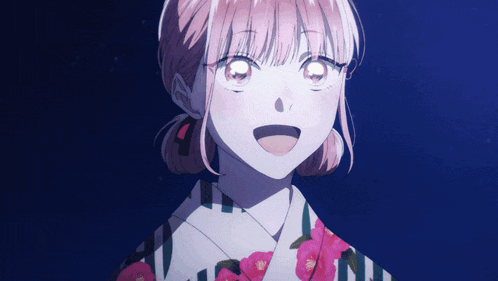 a girl with pink hair is wearing a kimono and has a surprised look on her face