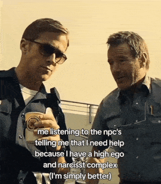 a man in a police uniform is talking to another man with a cup of coffee in his hand
