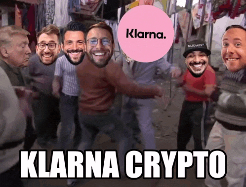 a group of men are dancing in front of a pink sign that says klarna