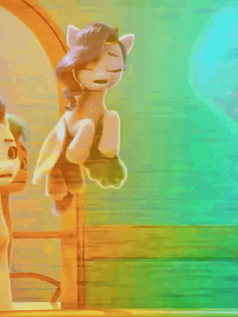 a pony with a surprised look on her face is standing next to another pony