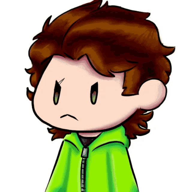 a cartoon drawing of a boy with brown hair and green eyes