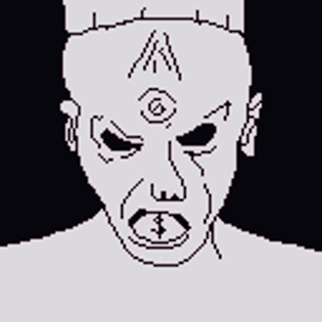 a pixel art drawing of a man with a beard and black eyes
