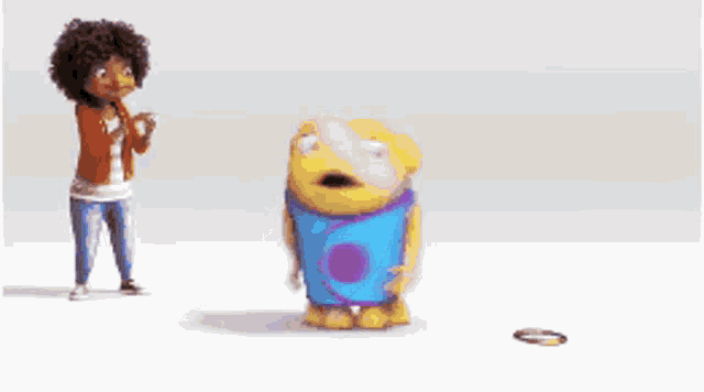 a woman is standing next to a cartoon character who is dancing