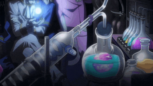 a cartoon drawing of a man holding a light behind a bottle of liquid