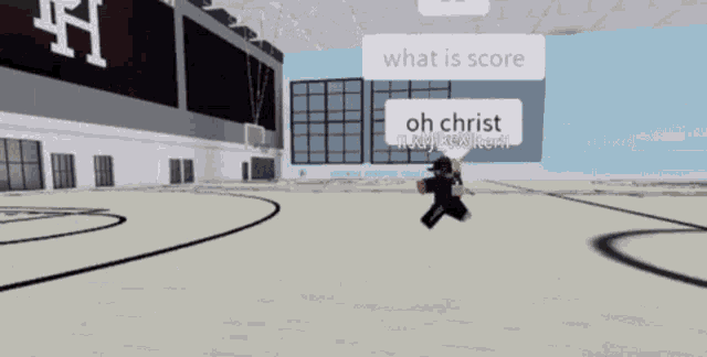 two roblox characters are standing on a basketball court and one of them says what is score oh christ
