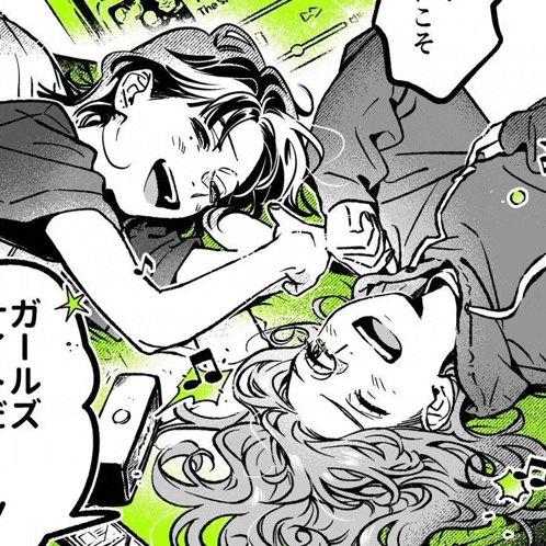 a black and white drawing of two girls laying on their stomachs